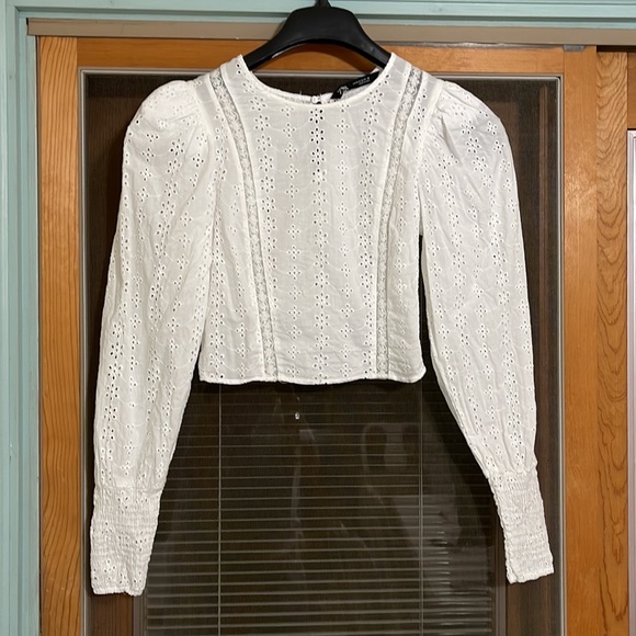 ZARA WHITE EYELET PUFF SLEEVE & LACE INSERT CROP TOP - Picture 5 of 11